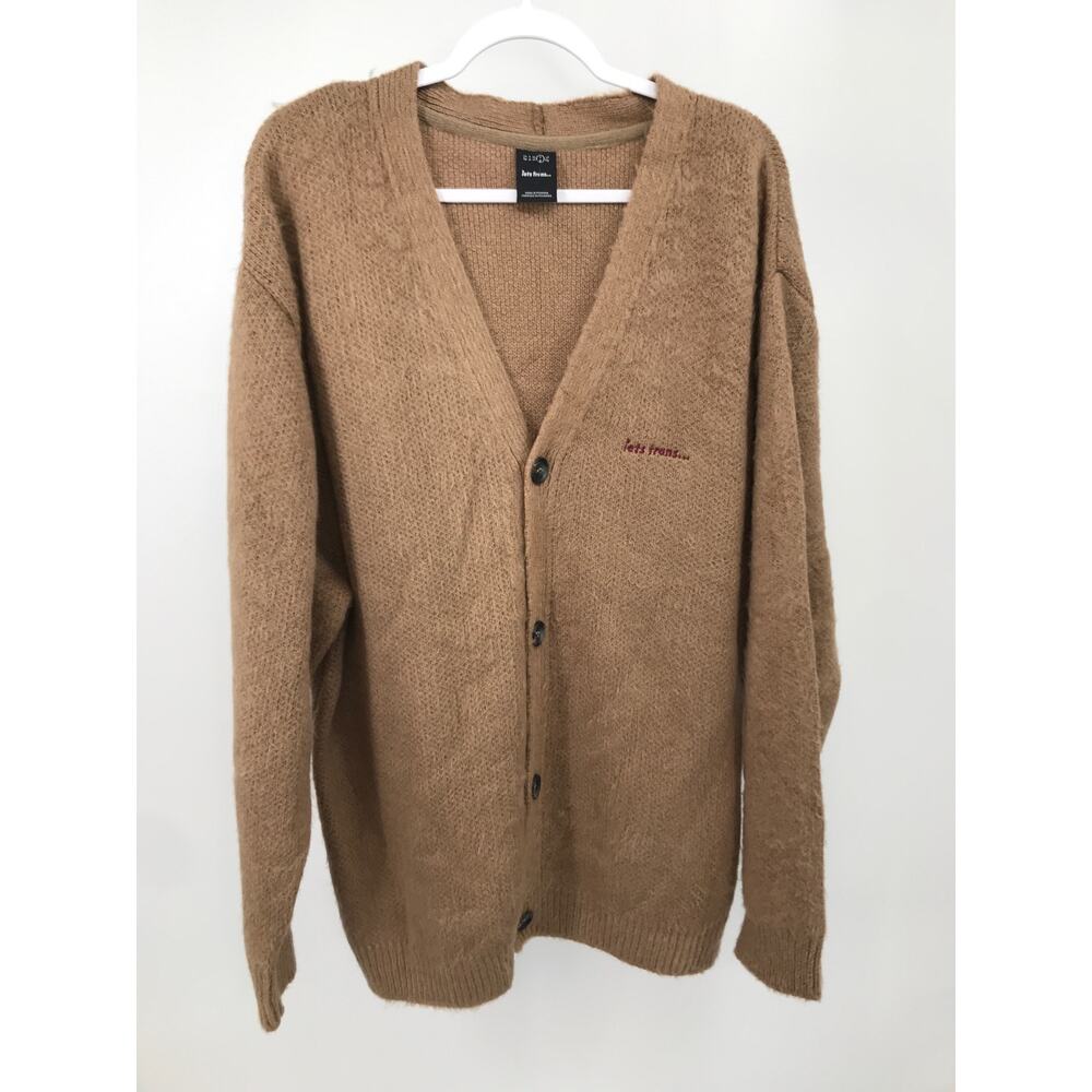 iets frans Tan Fuzzy V-Neck Cardigan Button Down Sweater Mens L